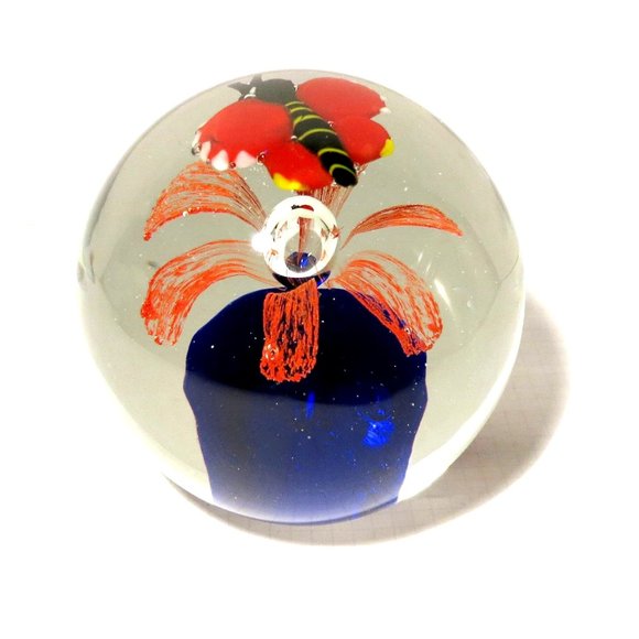 Vintage Hand Blown Art Glass Round Bubbled Paperweight Red Blue Orange - Picture 2 of 6